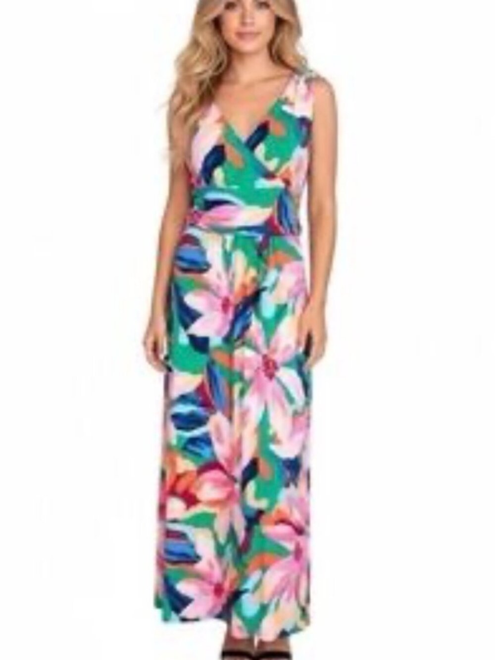 NWT Pappagallo Green/Pink Multicolor Bohemian Tropical Floral Maxi Dress. Size L